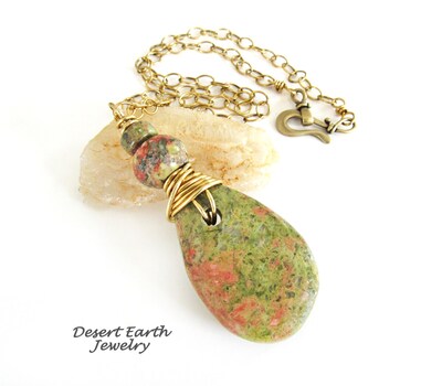 Unakite Stone Necklace on Brass Chain - Pink Green Gemstone Pendant - Handmade Wire Wrapped Stone Jewelry - image2